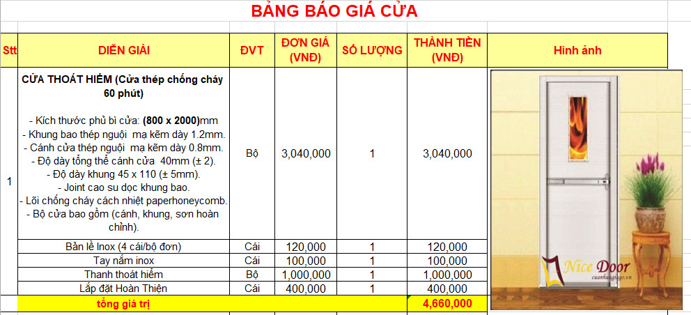 Bảng báo giá cửa thép chống cháy