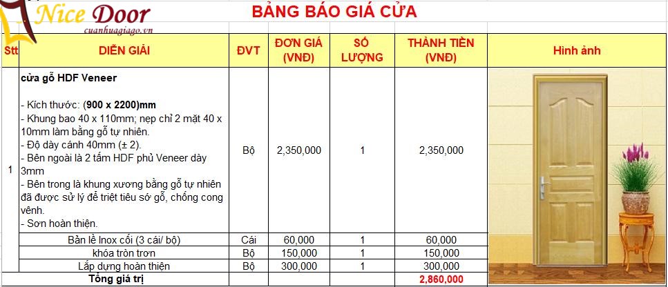bảng báo giá cửa gỗ hdf veneer