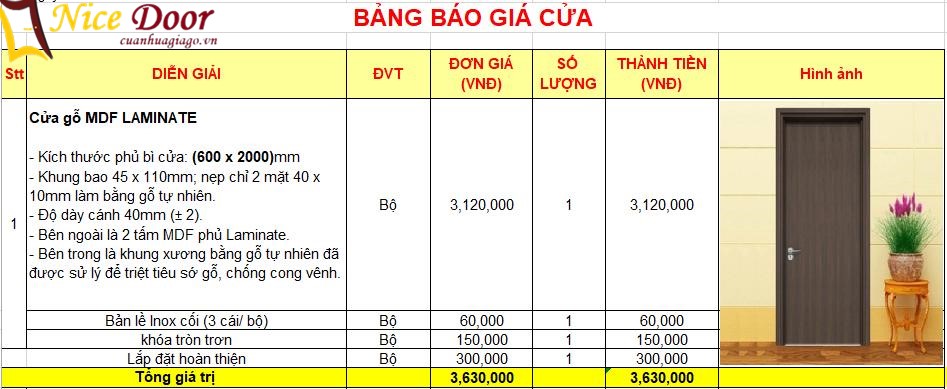 bảng báo giá cửa mdf laminate