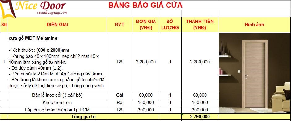 bảng báo giá cửa mdf melamine