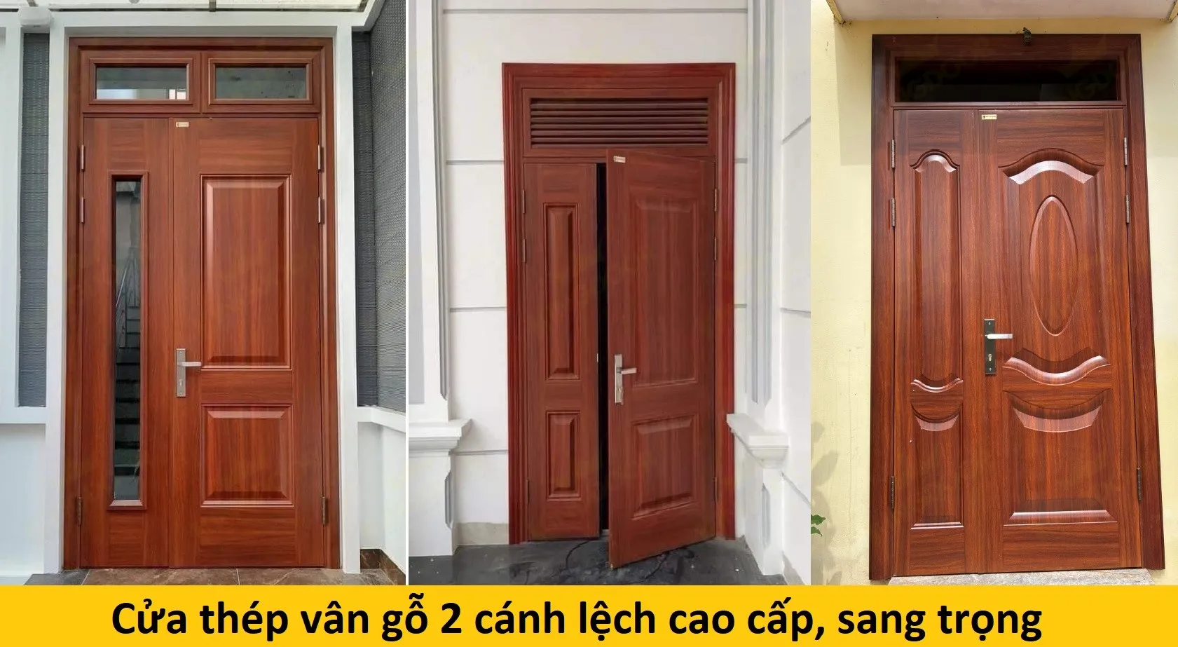 Mẫu cửa thép vân gỗ 2 cánh lệch cao cấp, sang trọng