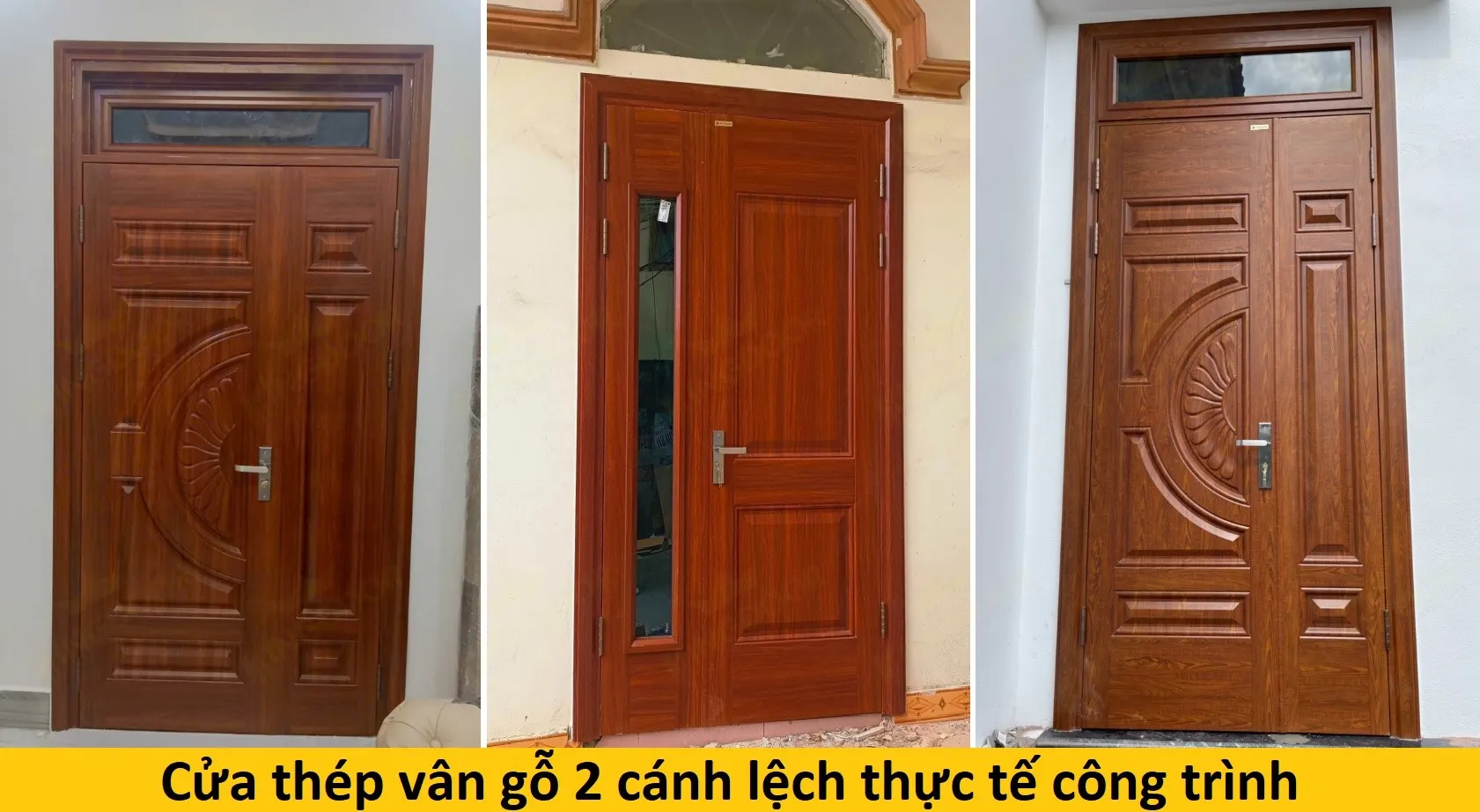 Mẫu cửa thực tế cửa thép vân gỗ 2 cánh lệch