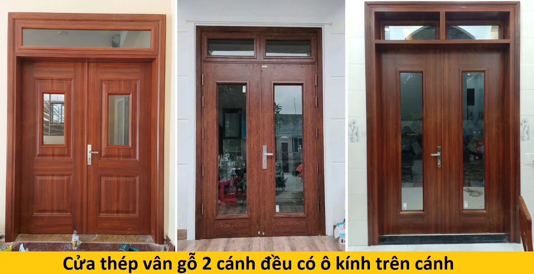 Cửa thép vân gỗ 2 cánh đều có ô kính trên cánh