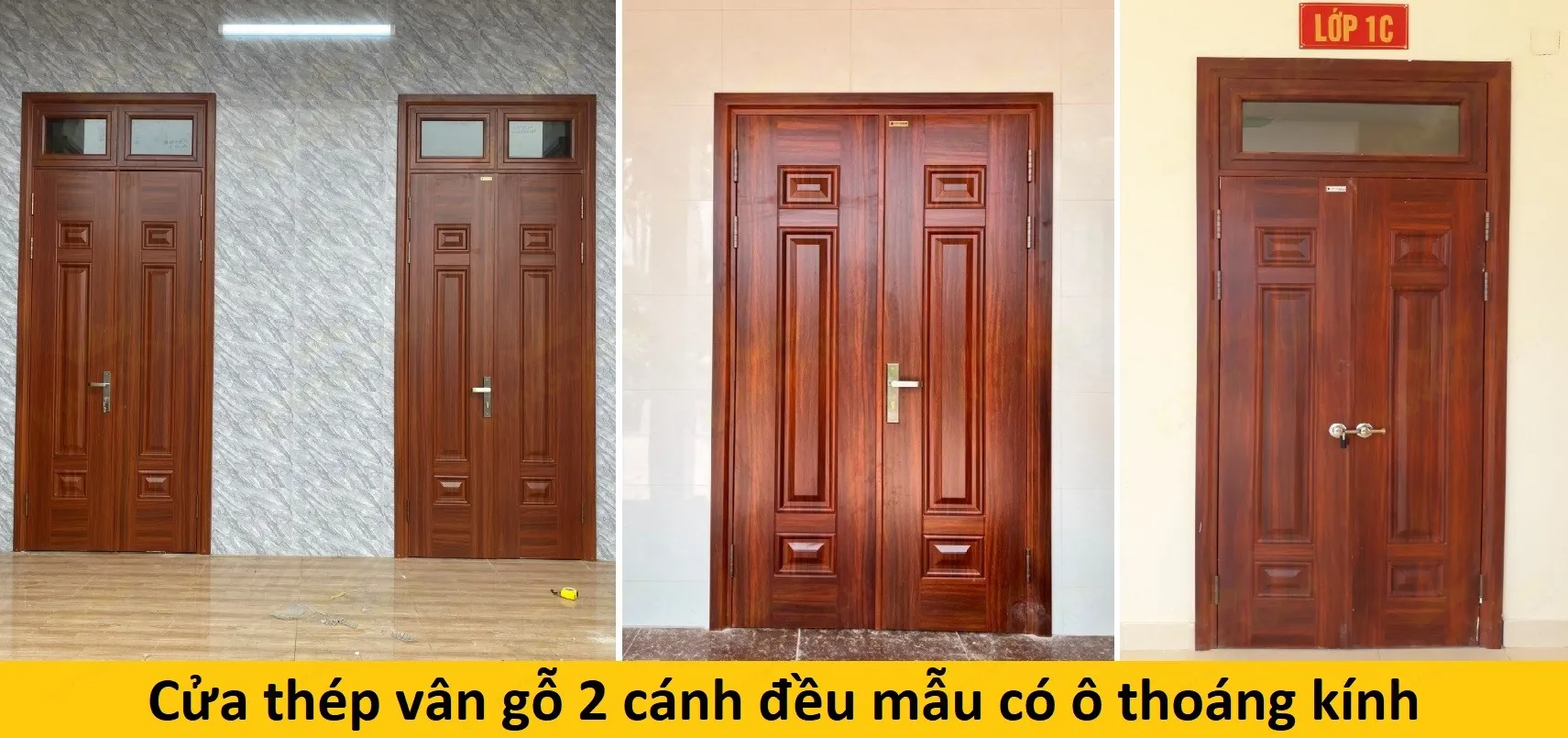 Cửa thép vân gỗ 2 cánh đều có ô thoáng