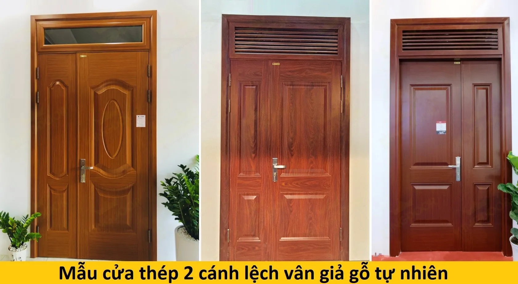 Mẫu cửa thép 2 cánh lệch vân giả gỗ tự nhiên